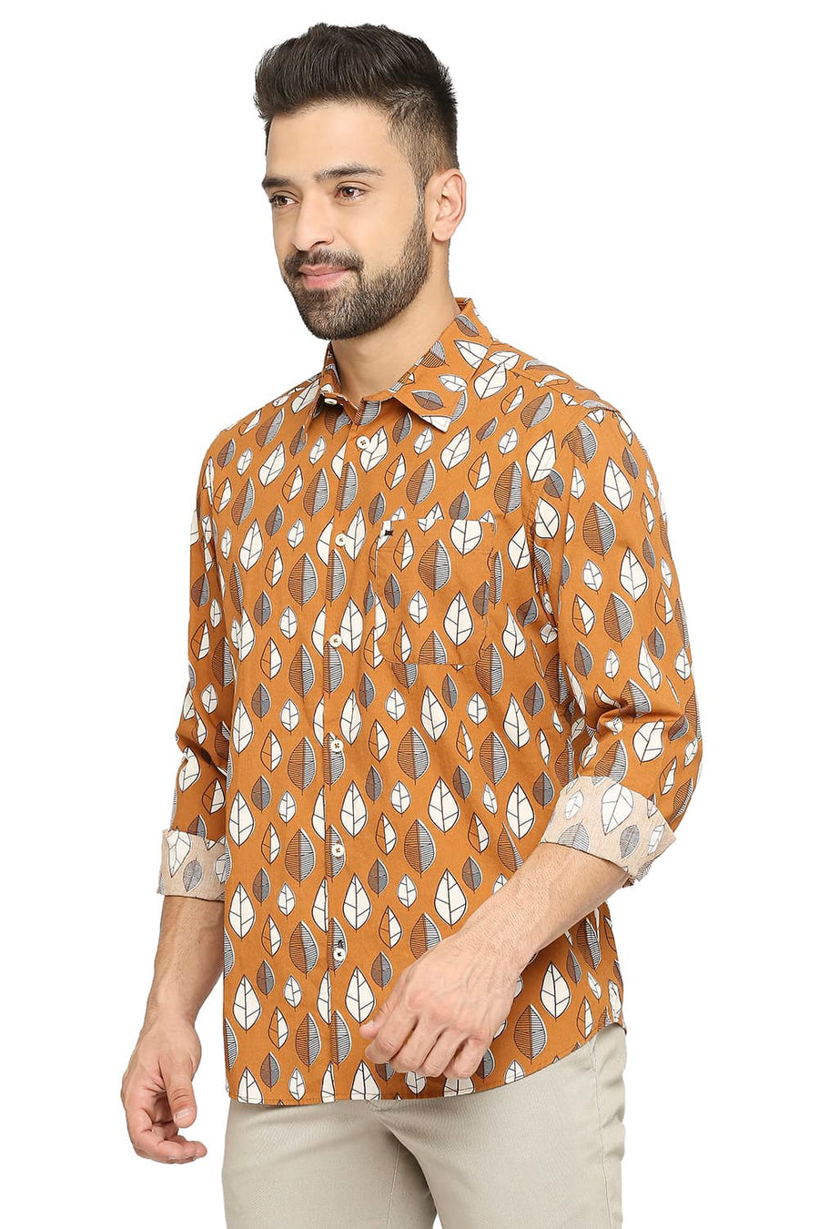 BASICS SLIM FIT SPICE TAN COTTON POPLIN PRINTED SHIRT