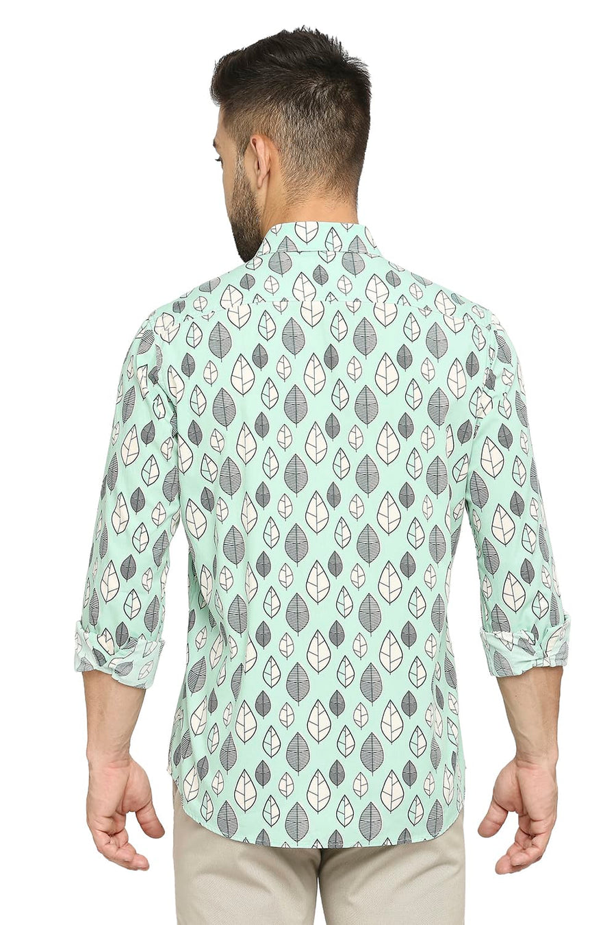 BASICS SLIM FIT JADE GREEN COTTON POPLIN PRINTED SHIRT