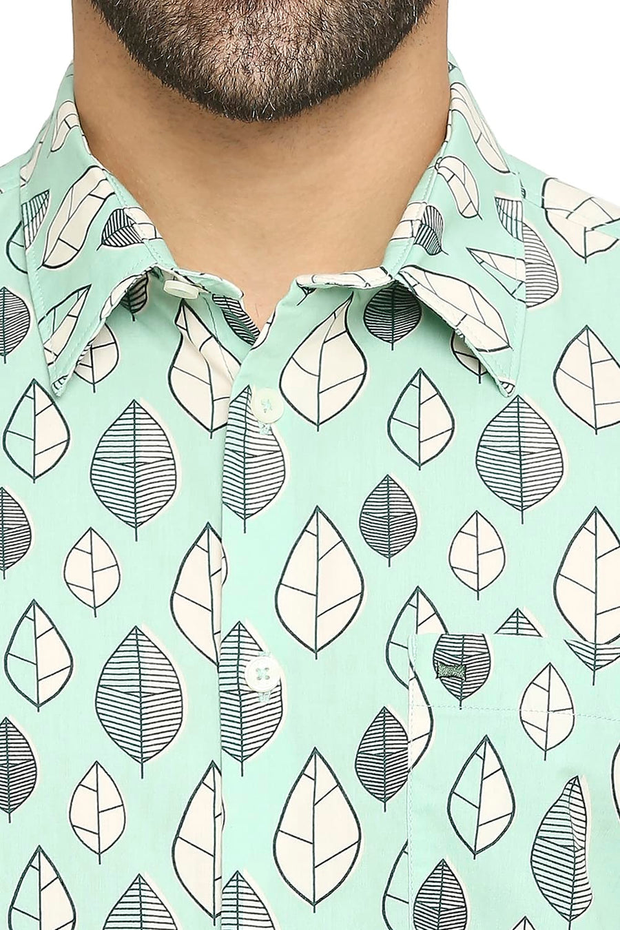 BASICS SLIM FIT JADE GREEN COTTON POPLIN PRINTED SHIRT
