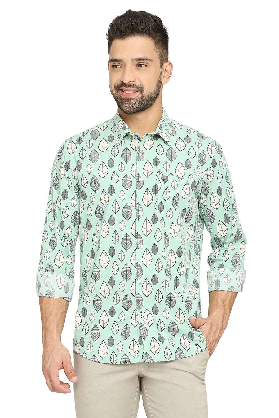 BASICS SLIM FIT JADE GREEN COTTON POPLIN PRINTED SHIRT