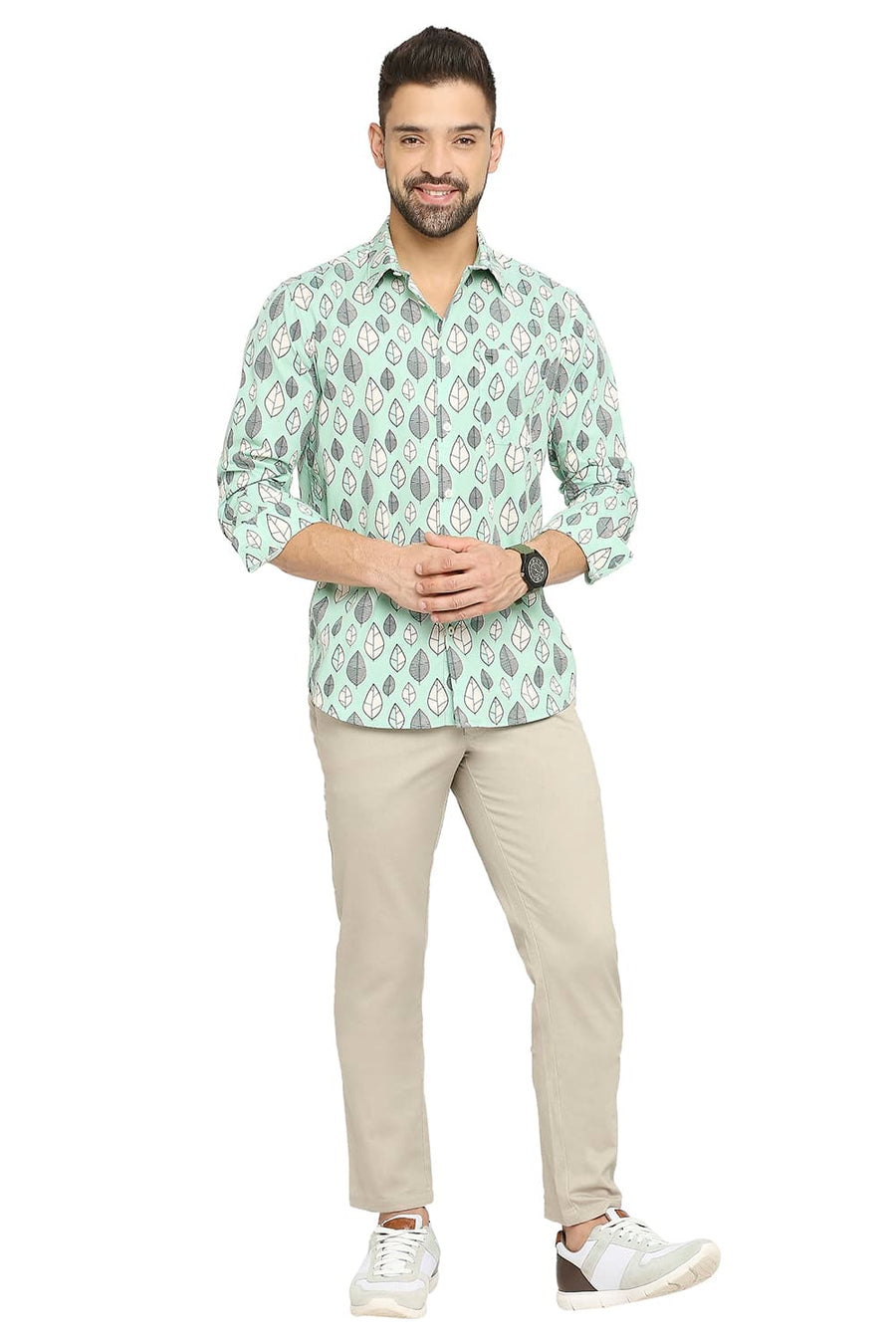 BASICS SLIM FIT JADE GREEN COTTON POPLIN PRINTED SHIRT