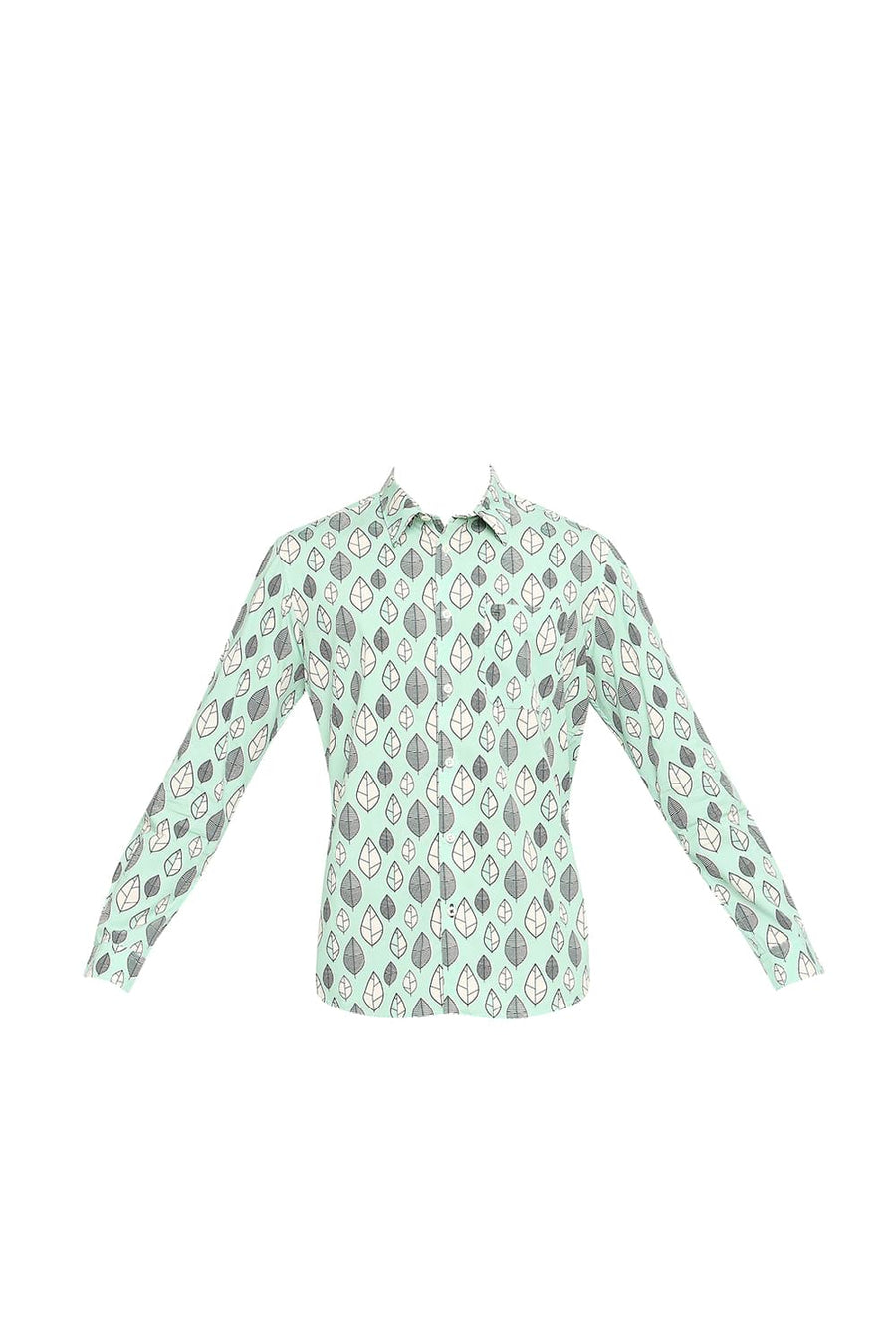 BASICS SLIM FIT JADE GREEN COTTON POPLIN PRINTED SHIRT