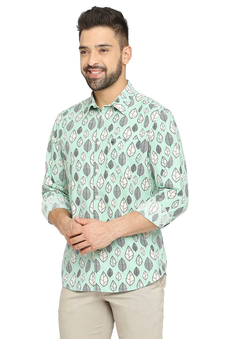 BASICS SLIM FIT JADE GREEN COTTON POPLIN PRINTED SHIRT