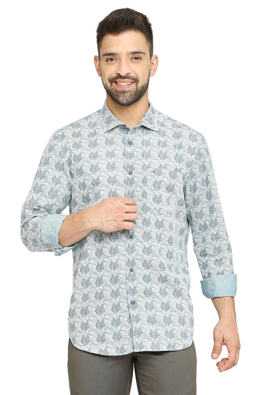 BASICS SLIM FIT BLUE HEAVEN COTTON POLYESTER INDIGO PRINTED SHIRT