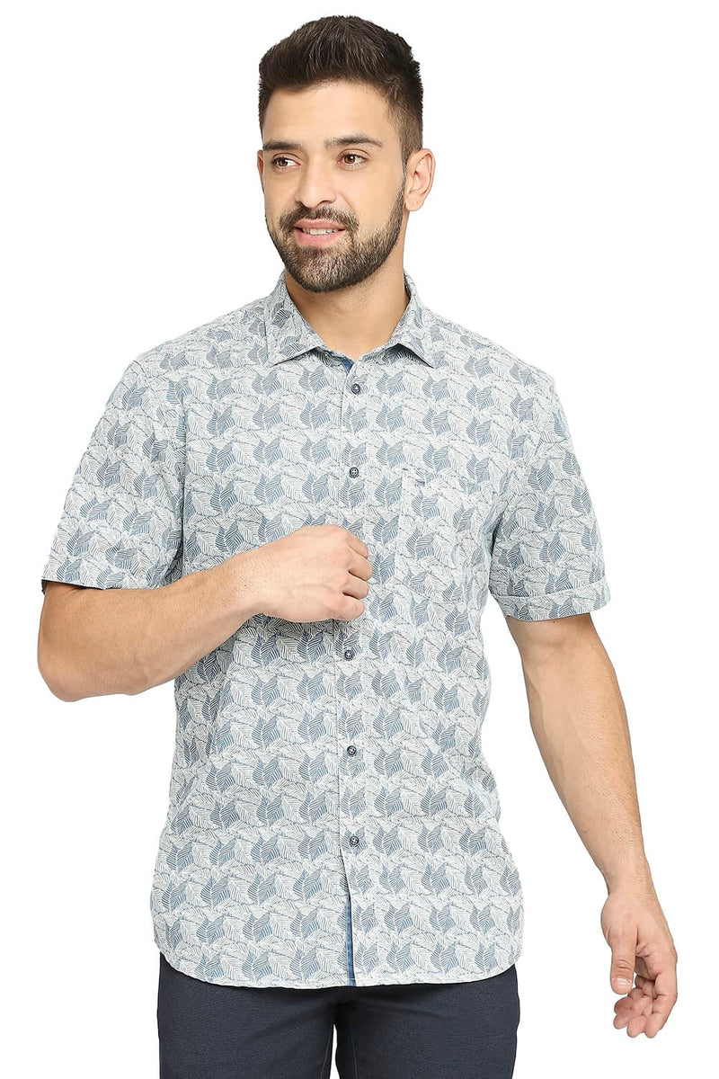 BASICS SLIM FIT COTTON POLYESTER INDIGO PRINTED SHIRT