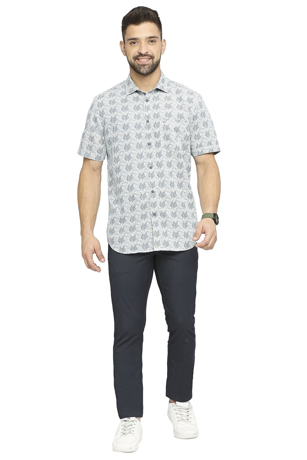 BASICS SLIM FIT COTTON POLYESTER INDIGO PRINTED HALFSLEEVES SHIRT