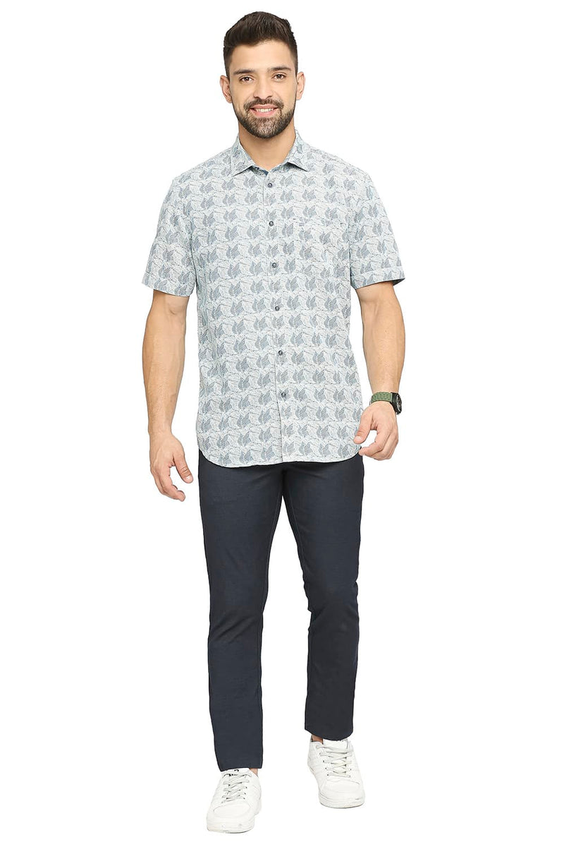 BASICS SLIM FIT COTTON POLYESTER INDIGO PRINTED HALFSLEEVES SHIRT