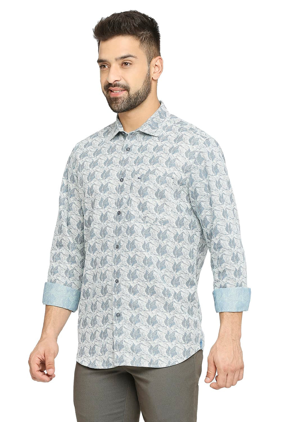 BASICS SLIM FIT BLUE HEAVEN COTTON POLYESTER INDIGO PRINTED SHIRT