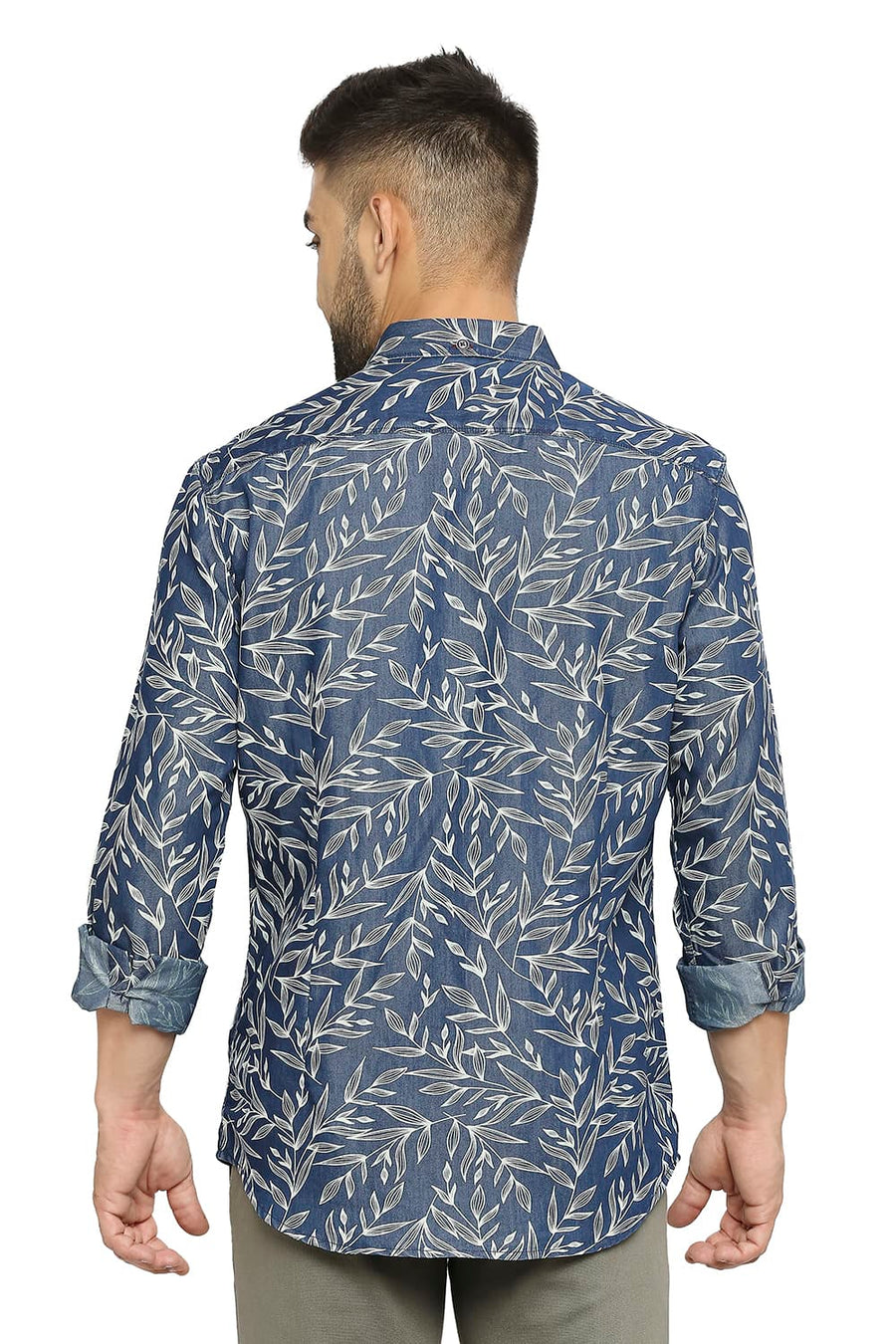 BASICS SLIM FIT VINTAGE BLUE COTTON POLYESTER INDIGO PRINTED SHIRT