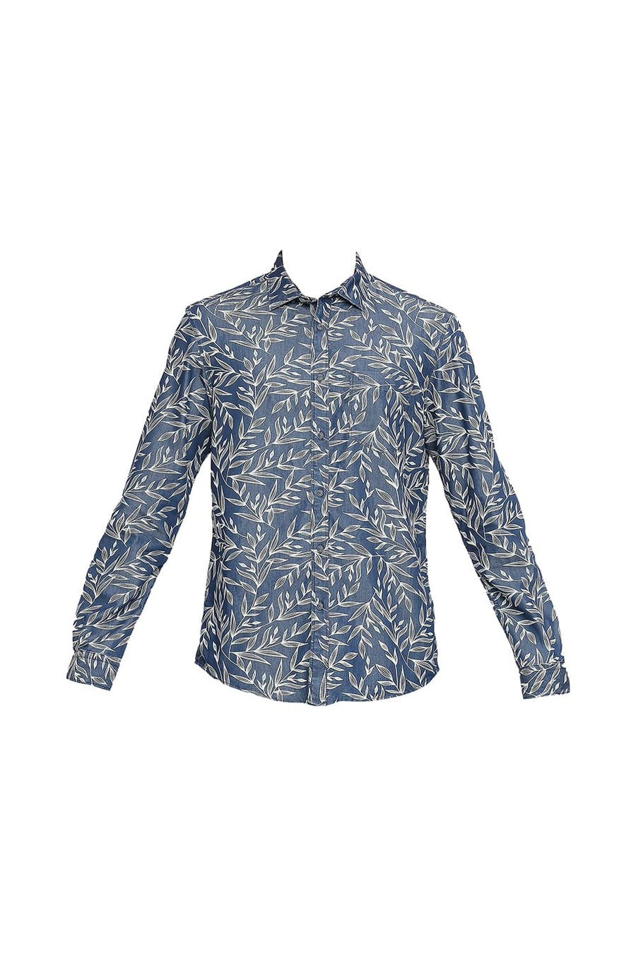 BASICS SLIM FIT VINTAGE BLUE COTTON POLYESTER INDIGO PRINTED SHIRT