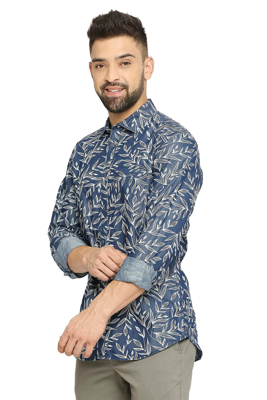 BASICS SLIM FIT VINTAGE BLUE COTTON POLYESTER INDIGO PRINTED SHIRT