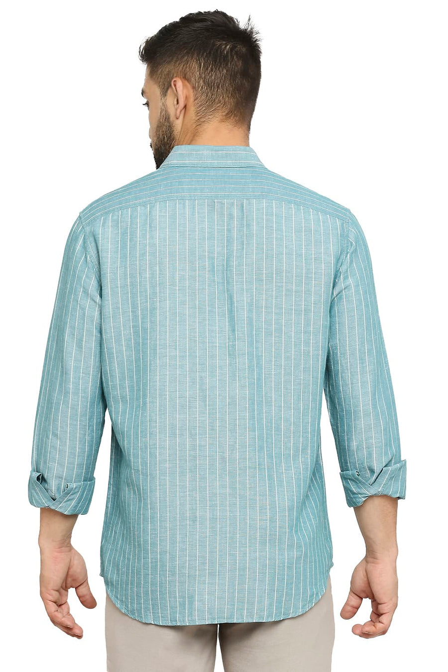 BASICS SLIM FIT BRISTOL GREEN COTTON LINEN STRIPE SHIRT