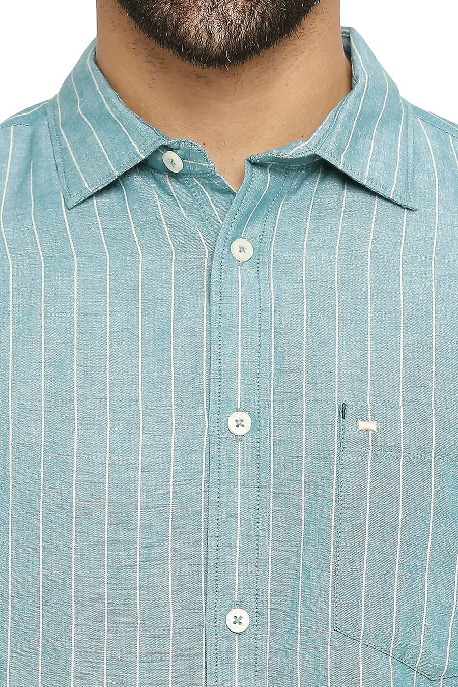 BASICS SLIM FIT BRISTOL GREEN COTTON LINEN STRIPE SHIRT