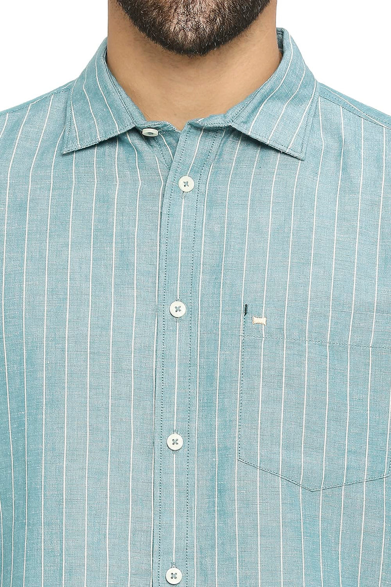 BASICS SLIM FIT COTTON LINEN STRIPE HALFSLEEVES SHIRT