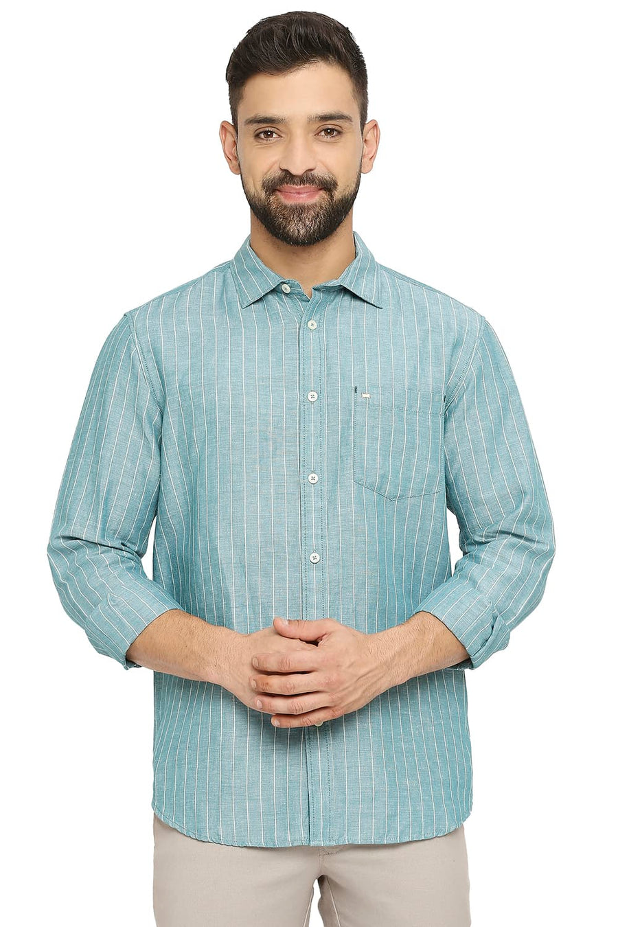 BASICS SLIM FIT BRISTOL GREEN COTTON LINEN STRIPE SHIRT