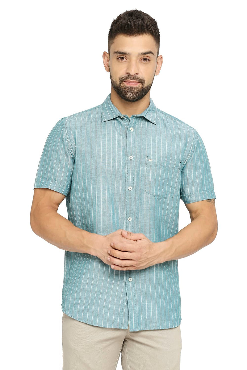 BASICS SLIM FIT COTTON LINEN STRIPE SHIRT