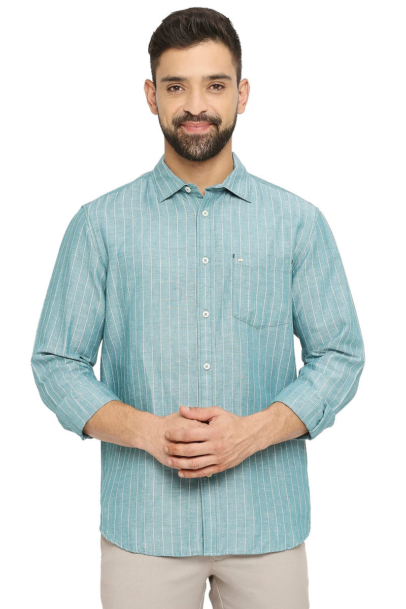 BASICS SLIM FIT COTTON LINEN STRIPE SHIRT