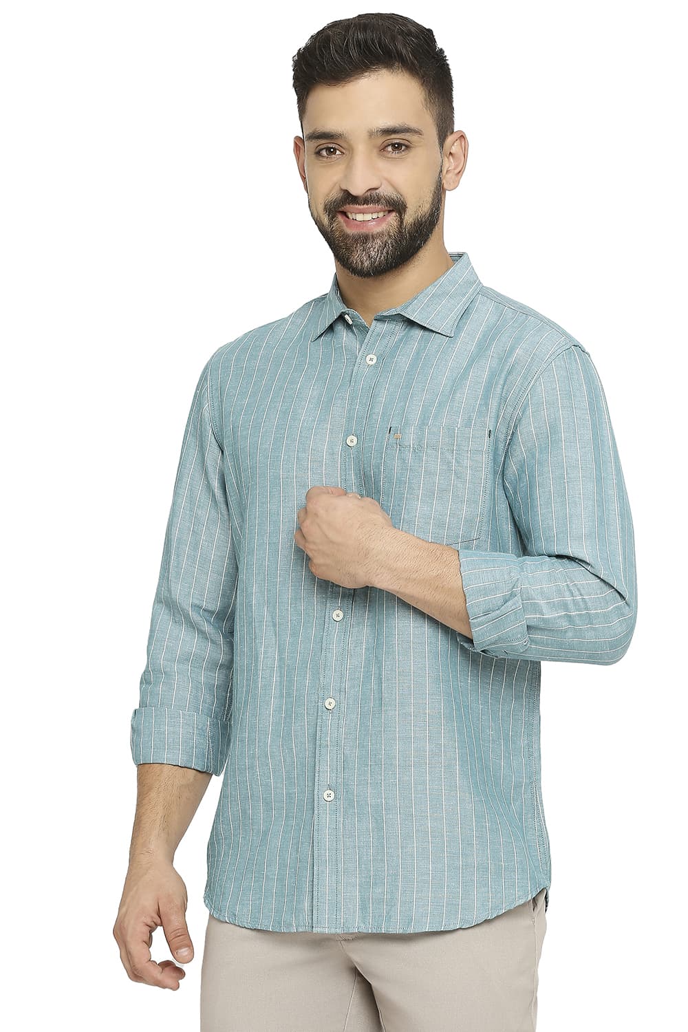 BASICS SLIM FIT COTTON LINEN STRIPE SHIRT