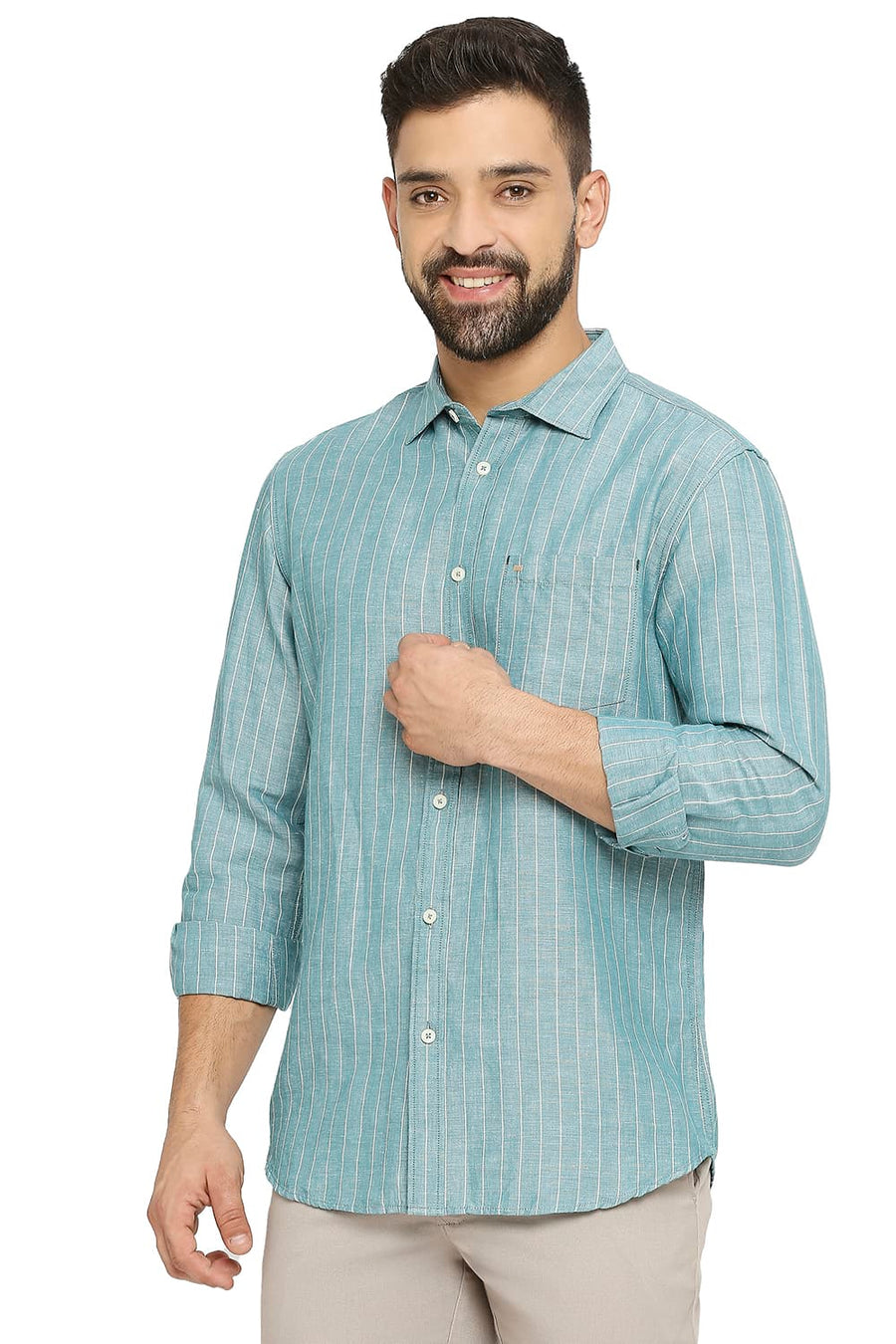 BASICS SLIM FIT BRISTOL GREEN COTTON LINEN STRIPE SHIRT