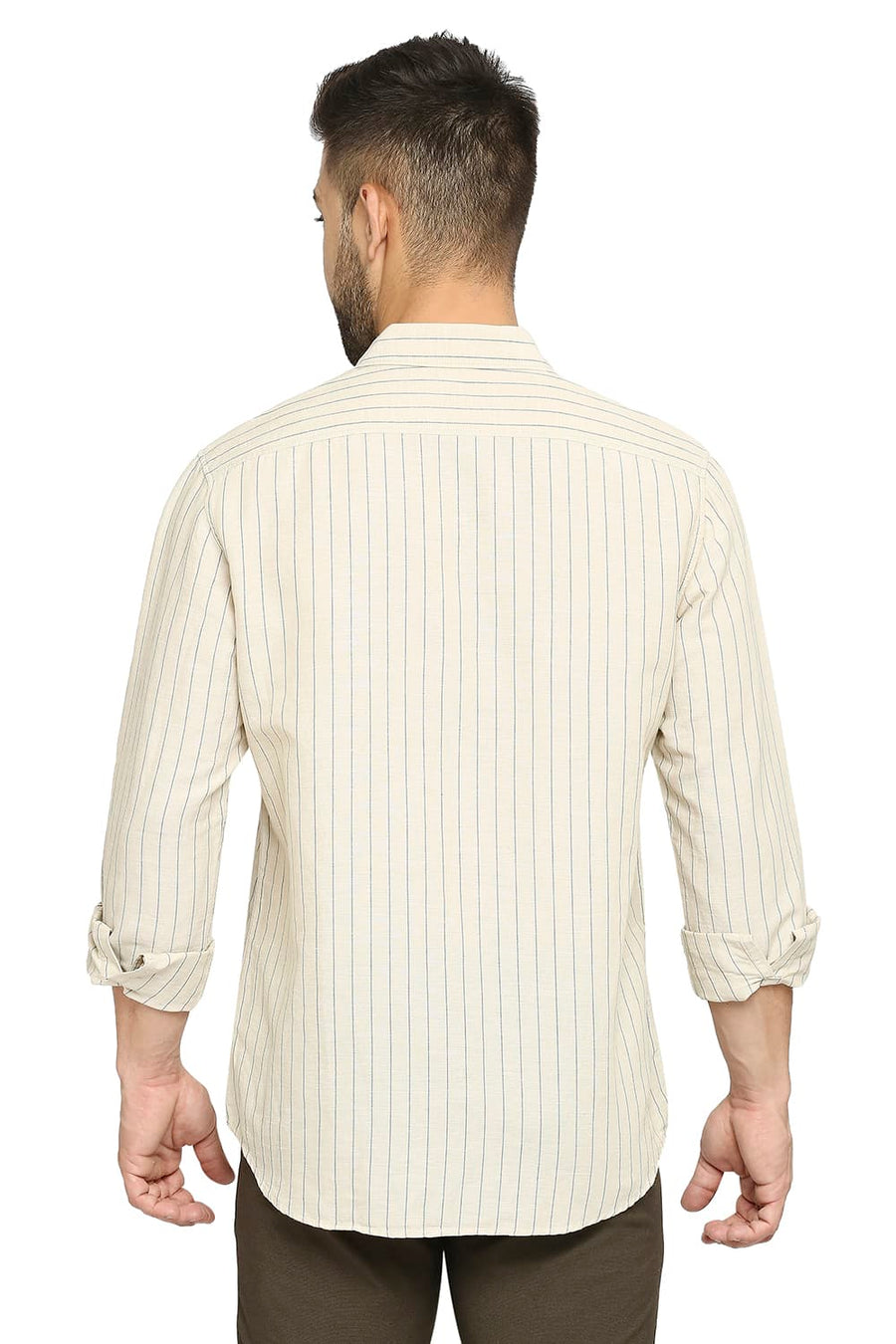 BASICS SLIM FIT FROZEN DEW COTTON LINEN STRIPE SHIRT