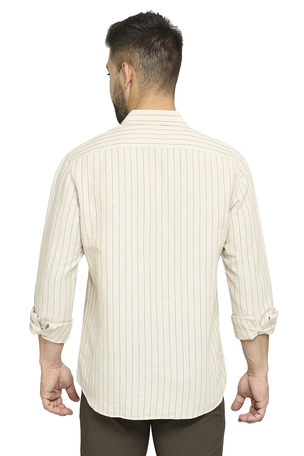 BASICS SLIM FIT COTTON LINEN STRIPE SHIRT