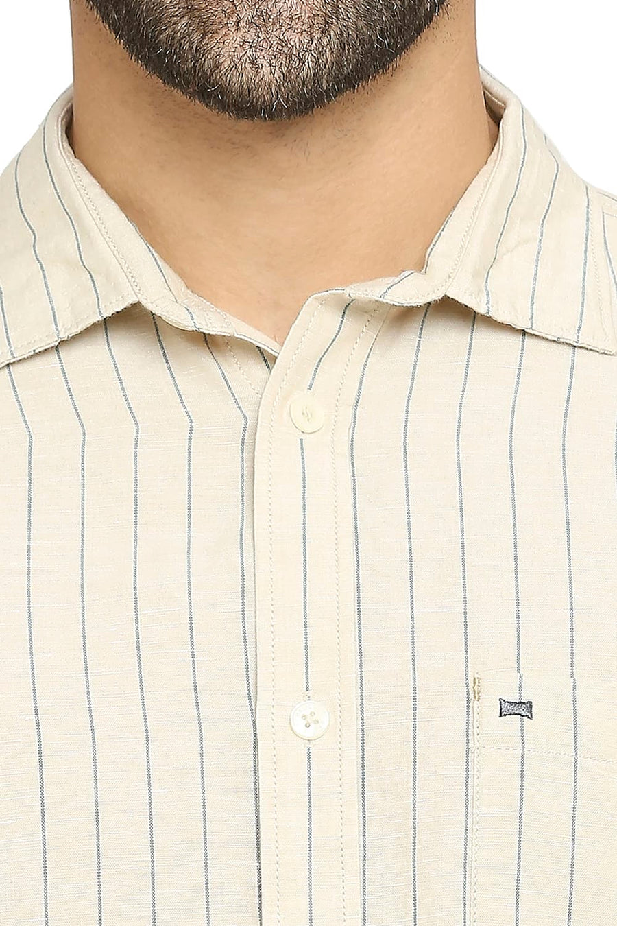 BASICS SLIM FIT FROZEN DEW COTTON LINEN STRIPE SHIRT