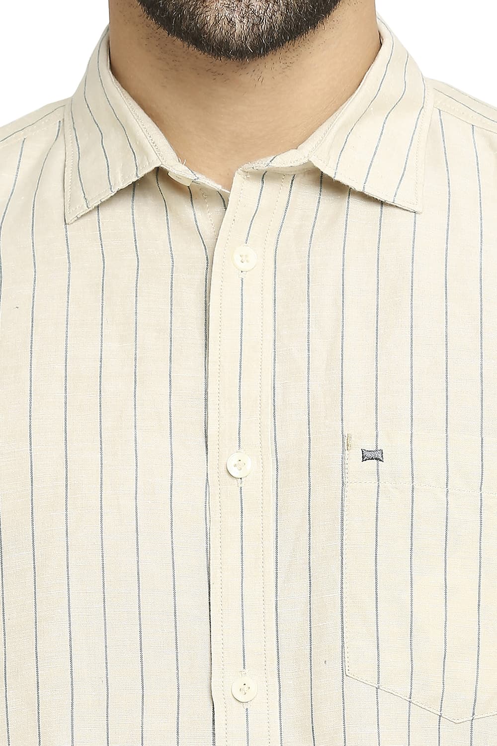 BASICS SLIM FIT COTTON LINEN STRIPE HALFSLEEVES SHIRT