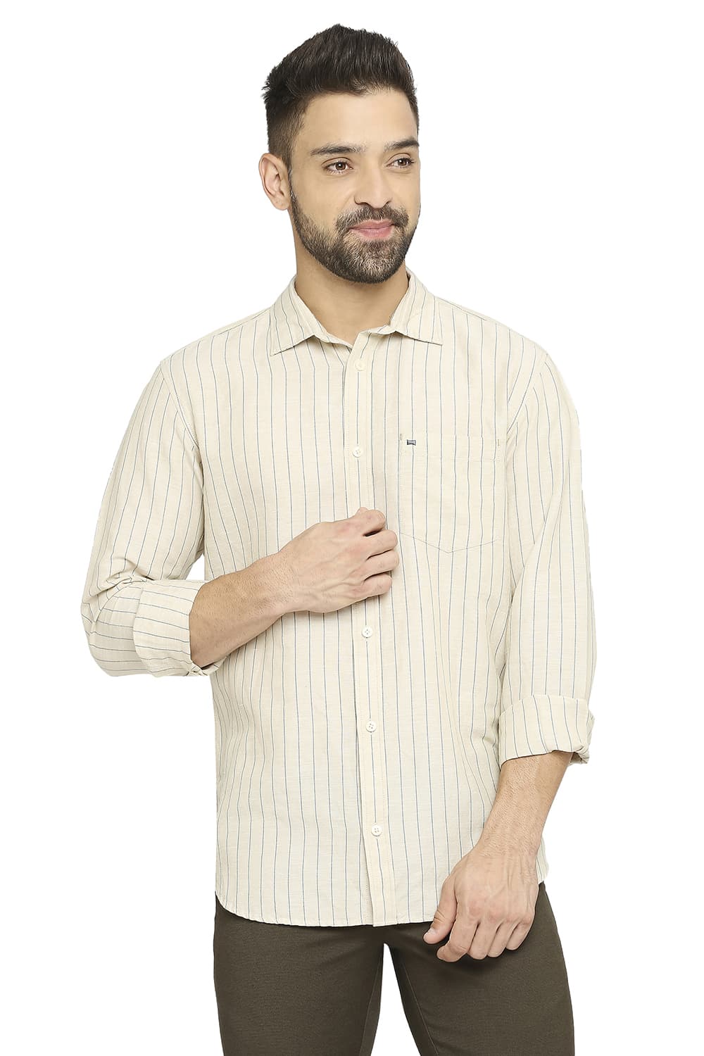 BASICS SLIM FIT COTTON LINEN STRIPE SHIRT