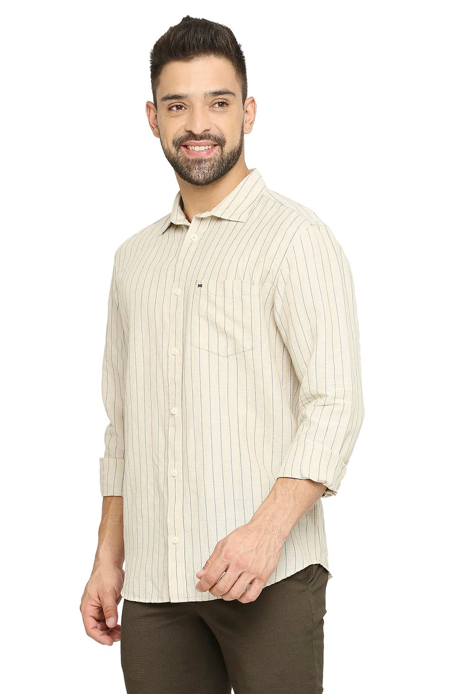 BASICS SLIM FIT FROZEN DEW COTTON LINEN STRIPE SHIRT