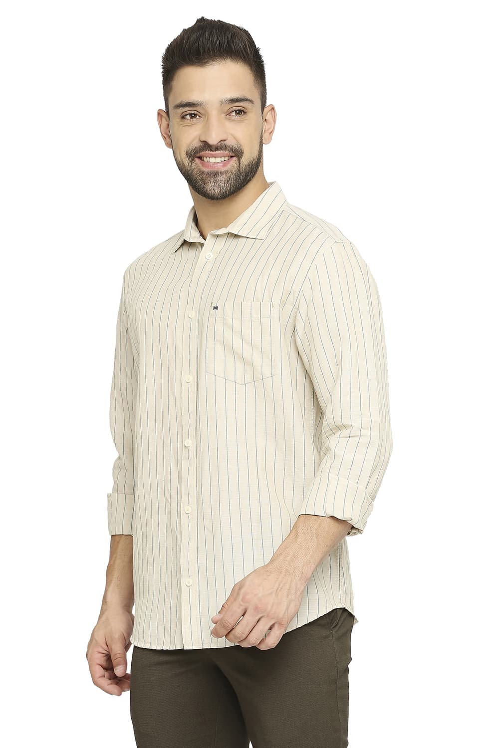 BASICS SLIM FIT COTTON LINEN STRIPE SHIRT