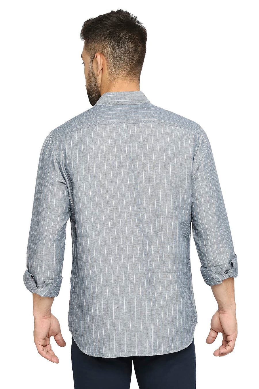 BASICS SLIM FIT OPAL GRAY COTTON LINEN STRIPE SHIRT