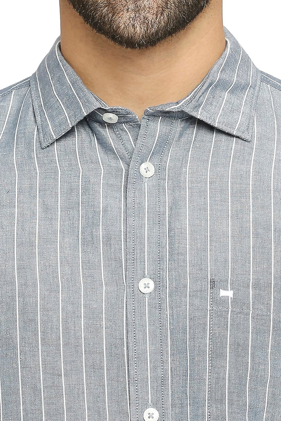 BASICS SLIM FIT OPAL GRAY COTTON LINEN STRIPE SHIRT