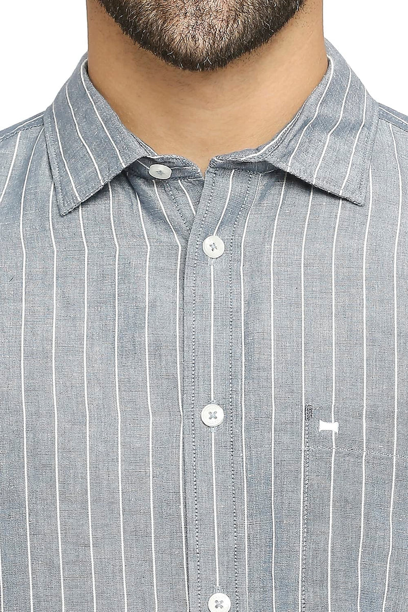 BASICS SLIM FIT COTTON LINEN STRIPE SHIRT