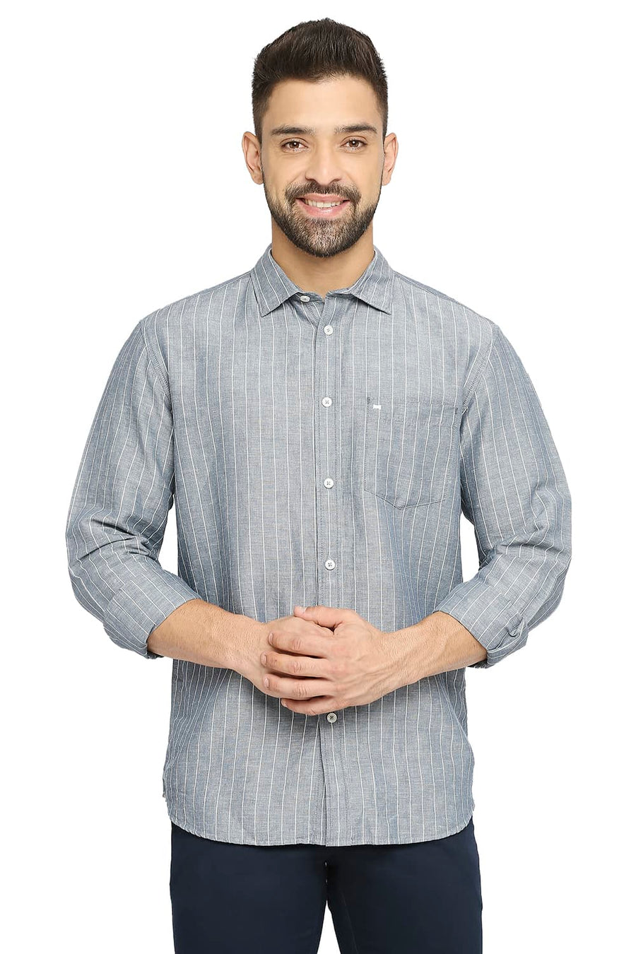 BASICS SLIM FIT OPAL GRAY COTTON LINEN STRIPE SHIRT