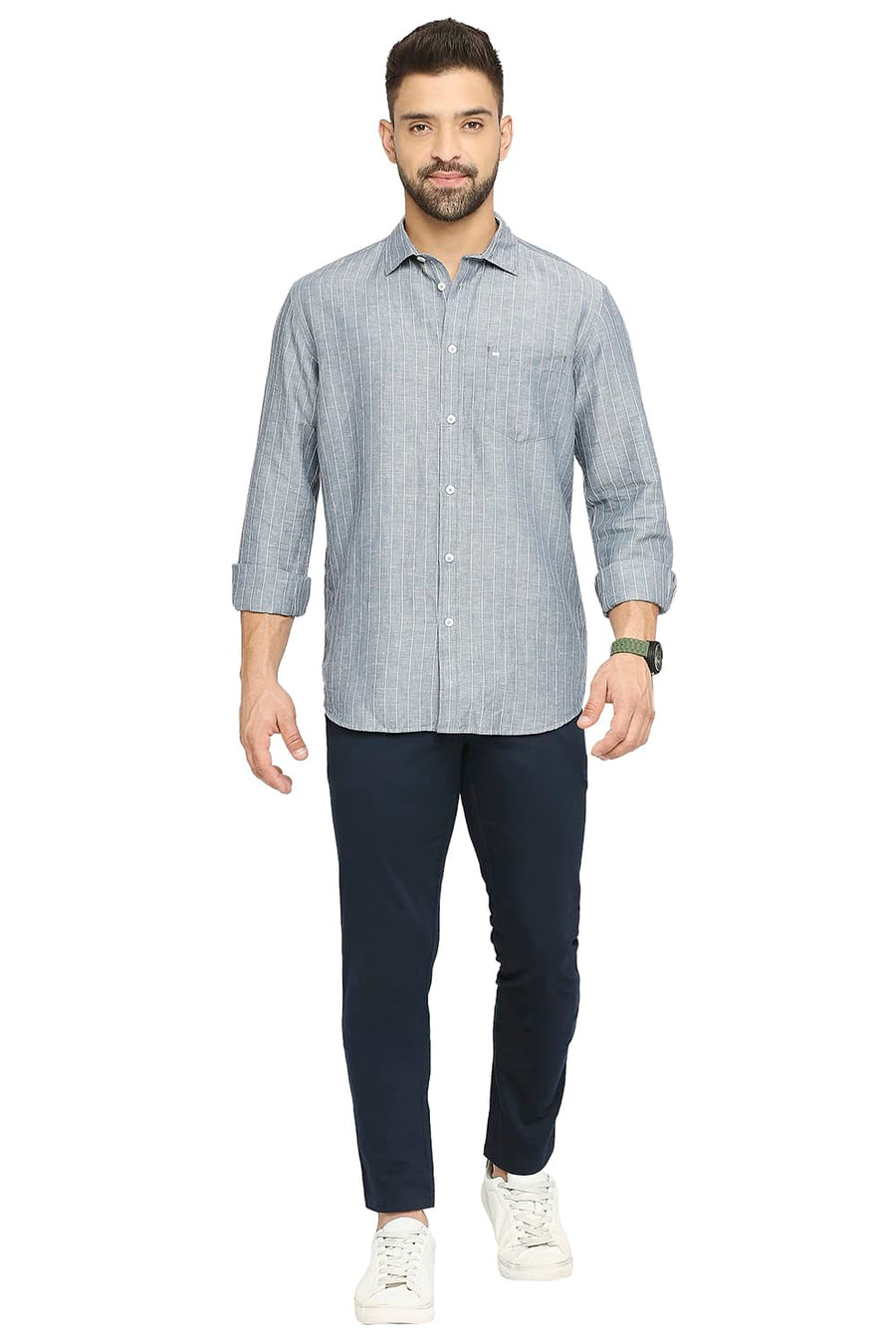 BASICS SLIM FIT OPAL GRAY COTTON LINEN STRIPE SHIRT