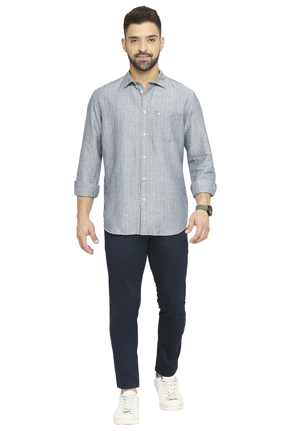 BASICS SLIM FIT COTTON LINEN STRIPE SHIRT