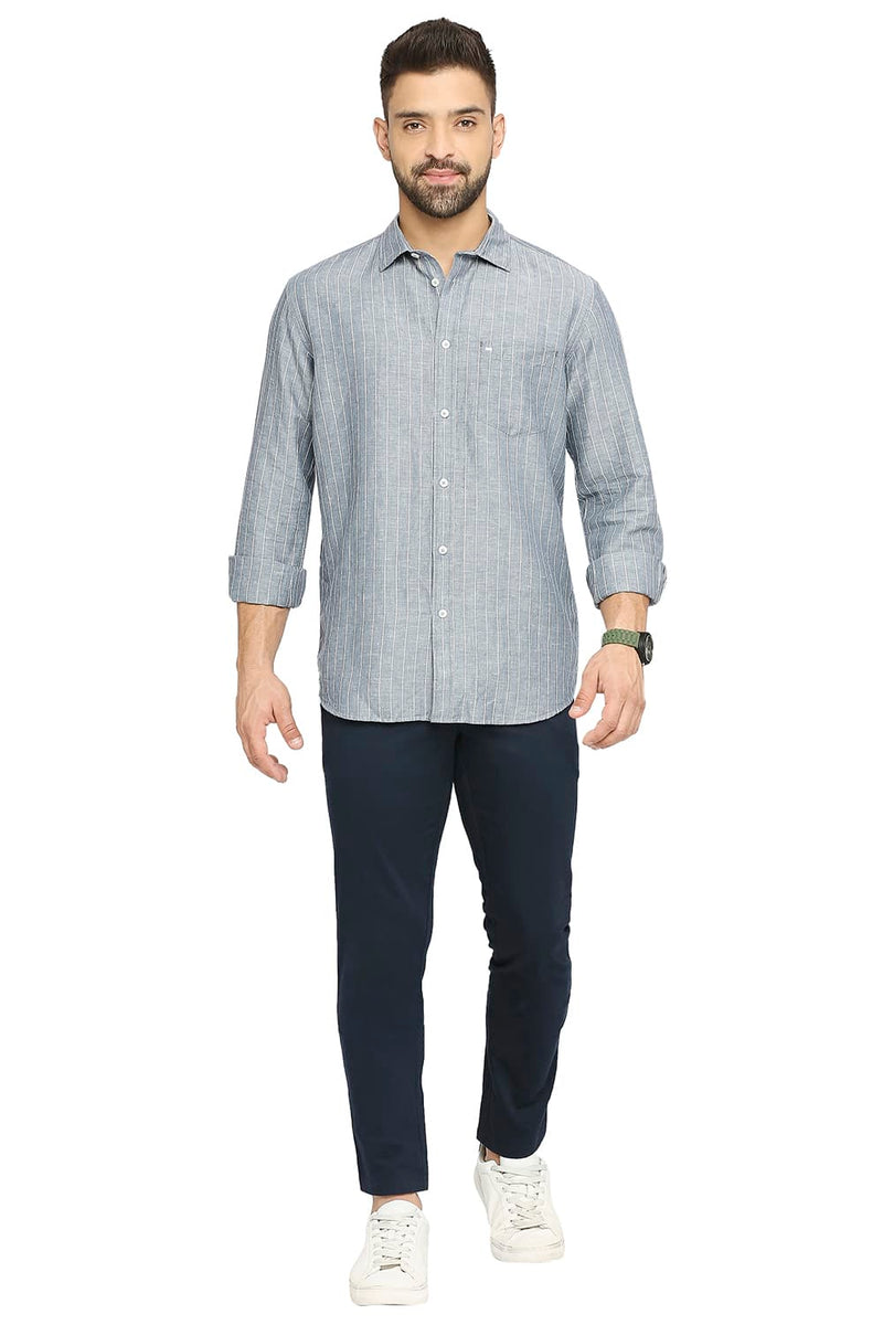 BASICS SLIM FIT COTTON LINEN STRIPE SHIRT