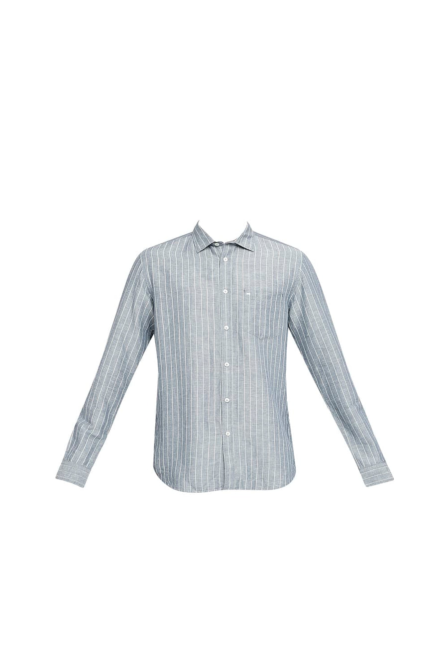 BASICS SLIM FIT OPAL GRAY COTTON LINEN STRIPE SHIRT