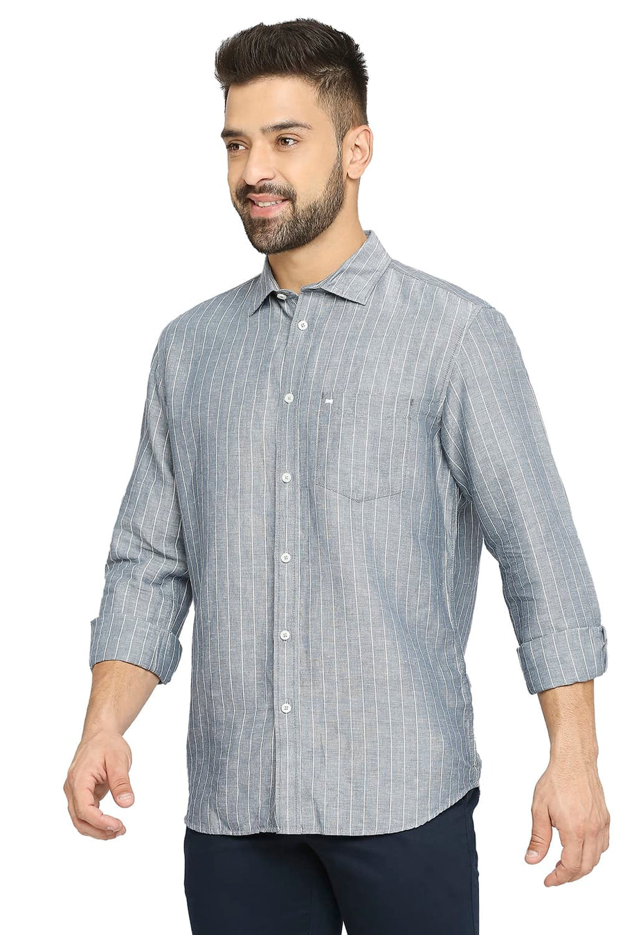 BASICS SLIM FIT OPAL GRAY COTTON LINEN STRIPE SHIRT