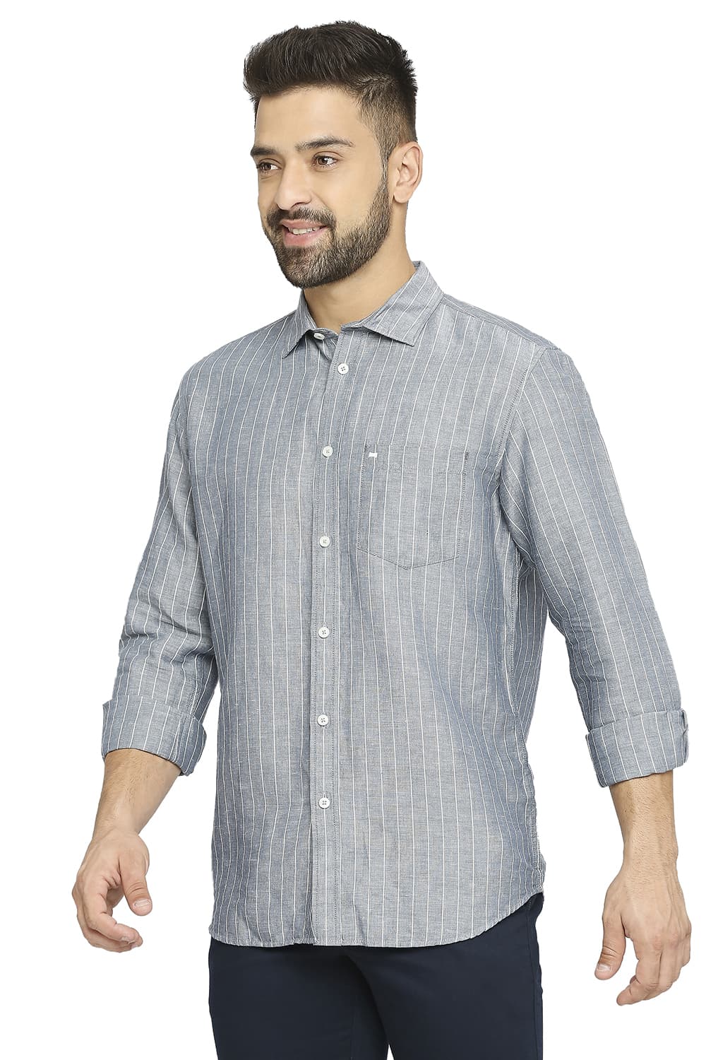 BASICS SLIM FIT COTTON LINEN STRIPE SHIRT