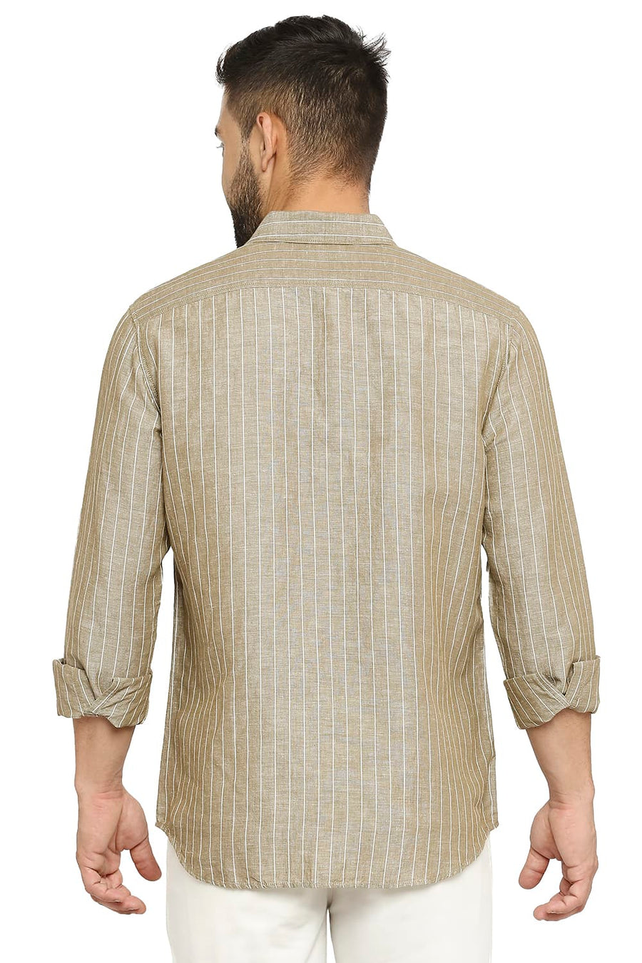 BASICS SLIM FIT TIMBER OLIVE COTTON LINEN STRIPE SHIRT