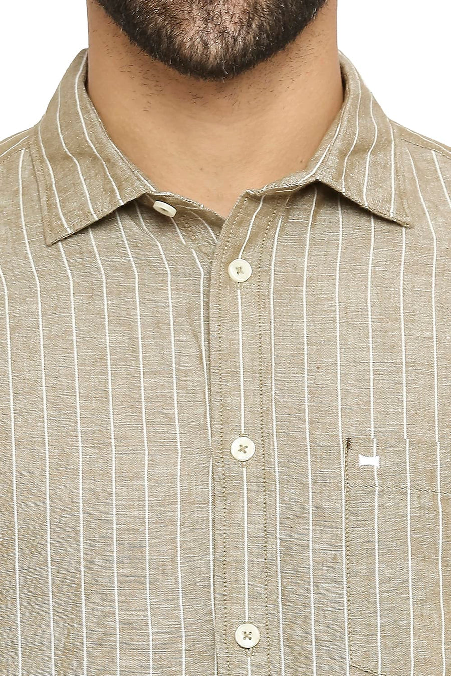 BASICS SLIM FIT TIMBER OLIVE COTTON LINEN STRIPE SHIRT
