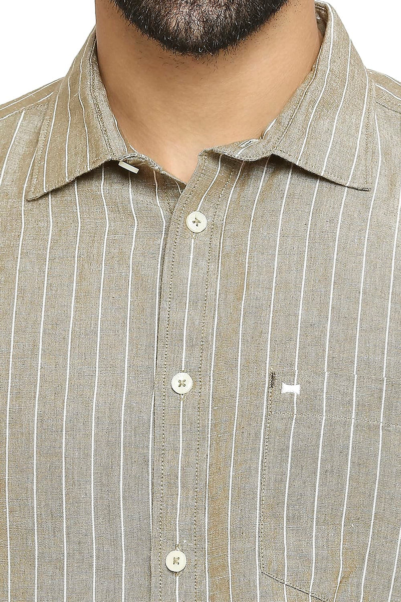 BASICS SLIM FIT COTTON LINEN STRIPE HALFSLEEVES SHIRT