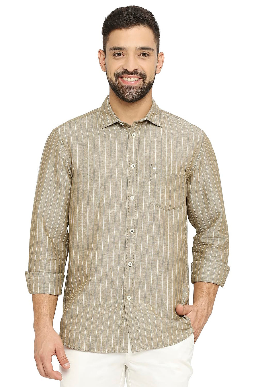 BASICS SLIM FIT TIMBER OLIVE COTTON LINEN STRIPE SHIRT