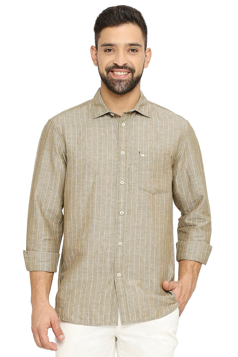 BASICS SLIM FIT COTTON LINEN STRIPE SHIRT