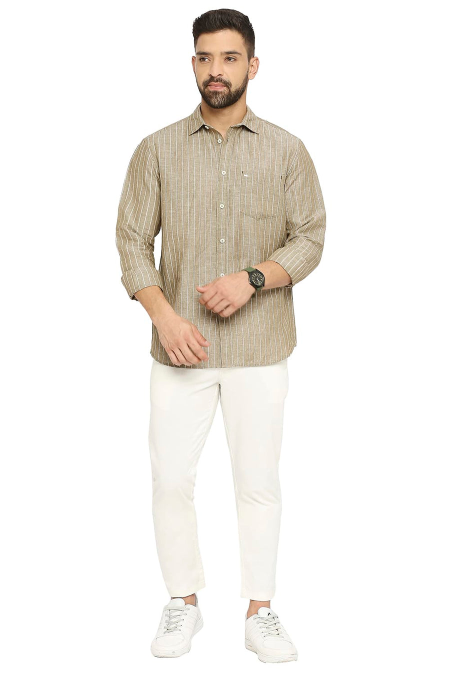 BASICS SLIM FIT TIMBER OLIVE COTTON LINEN STRIPE SHIRT