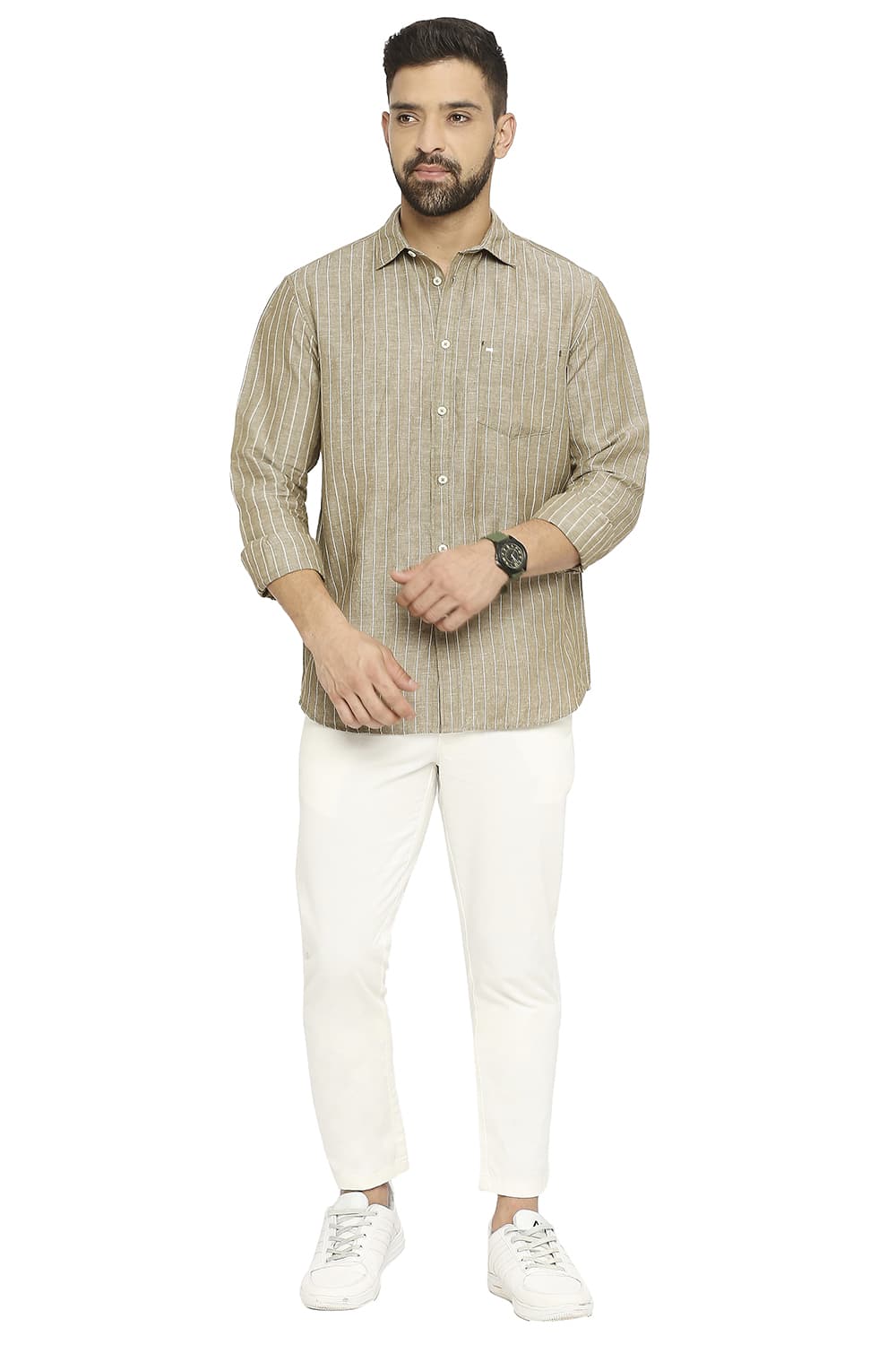 BASICS SLIM FIT COTTON LINEN STRIPE SHIRT