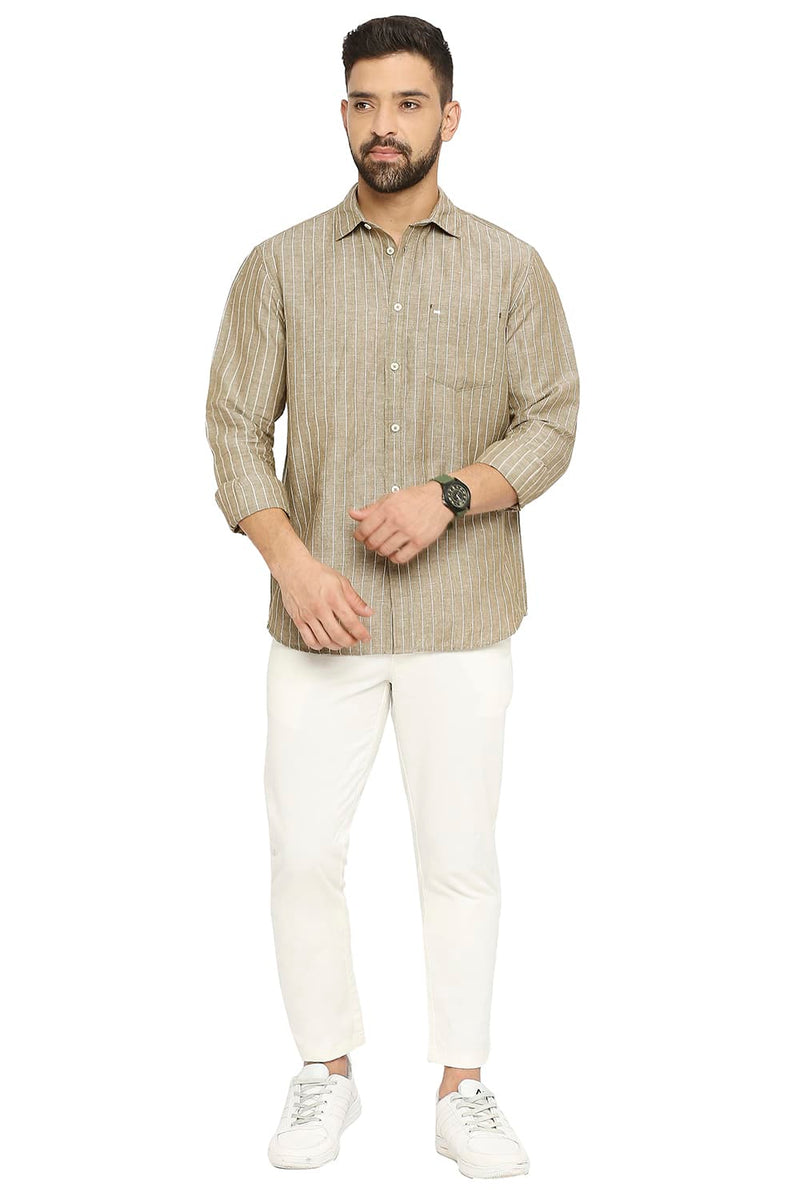 BASICS SLIM FIT COTTON LINEN STRIPE SHIRT