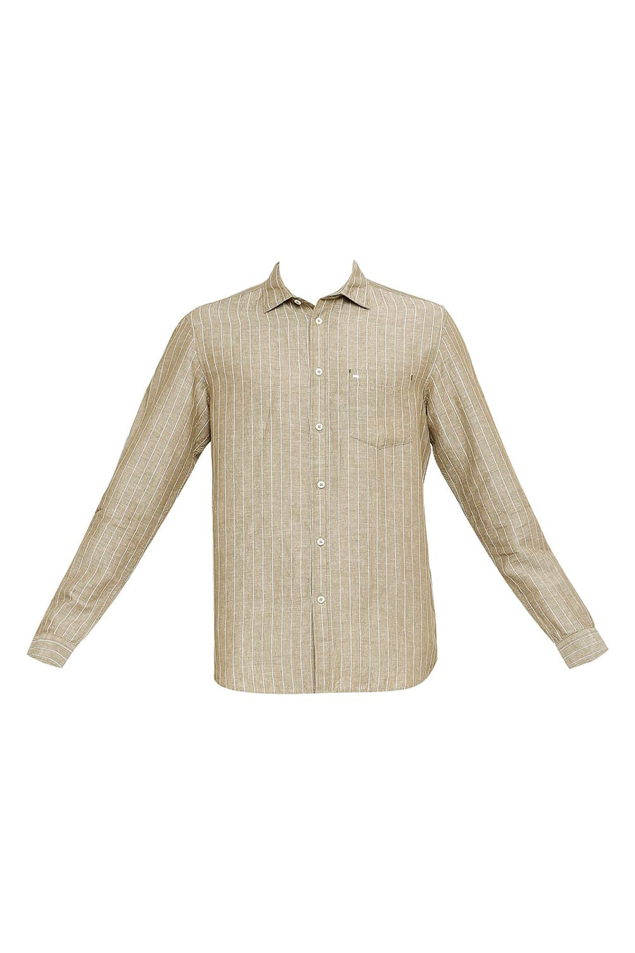 BASICS SLIM FIT TIMBER OLIVE COTTON LINEN STRIPE SHIRT