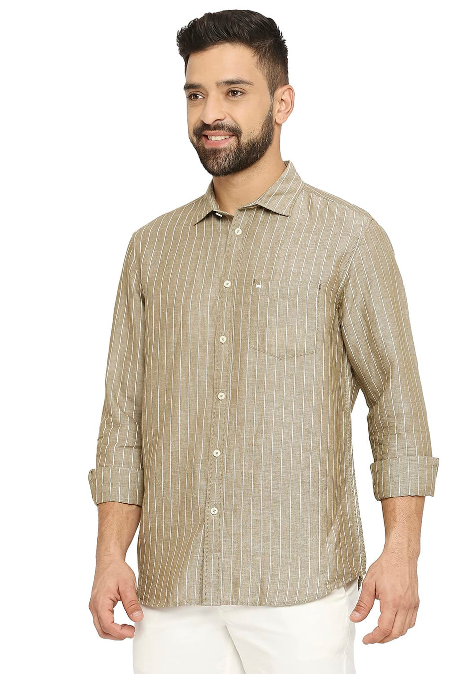 BASICS SLIM FIT TIMBER OLIVE COTTON LINEN STRIPE SHIRT